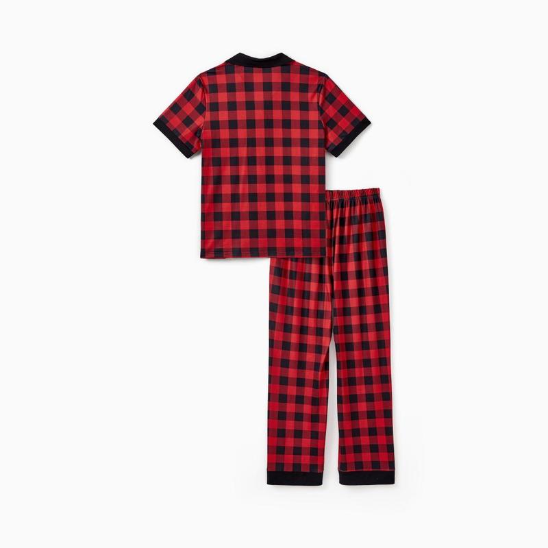 PatPat Christmas Pajamas Short Sleeves Red & Black Plaid Collared Pajamas Sets