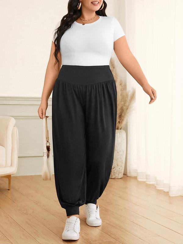 CURVZY Plus Size Solid Plicated Jogger Pants, Casual Comfy Trousers for Women, Women's Bottoms for Spring & Fall