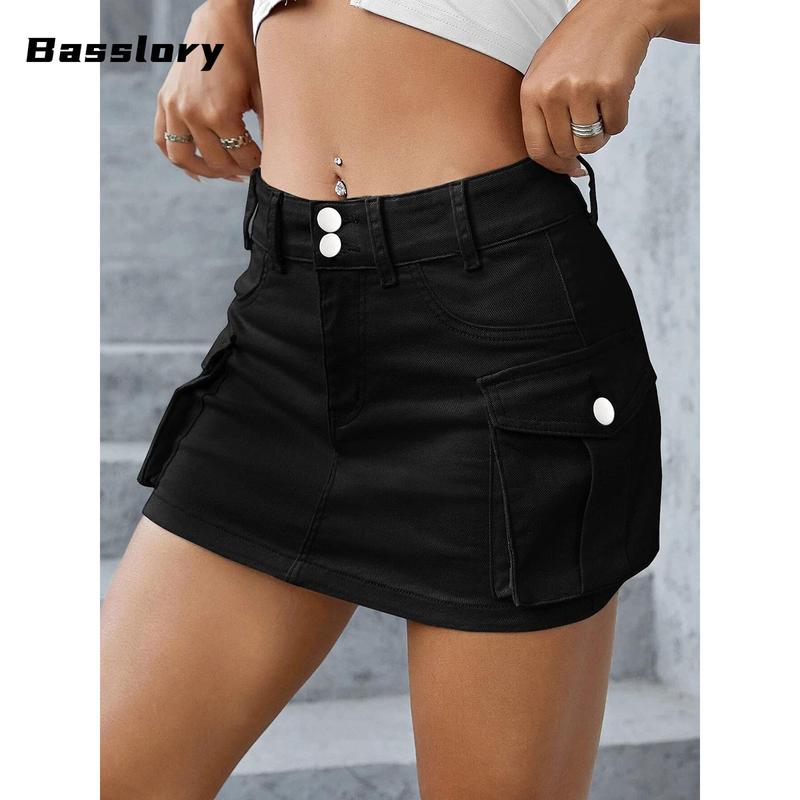 Women Mini Skirt Vintage Low Waist Cargo Skirt Summer Slim Fit Solid Color Skirt with Pockets for Club slim fit