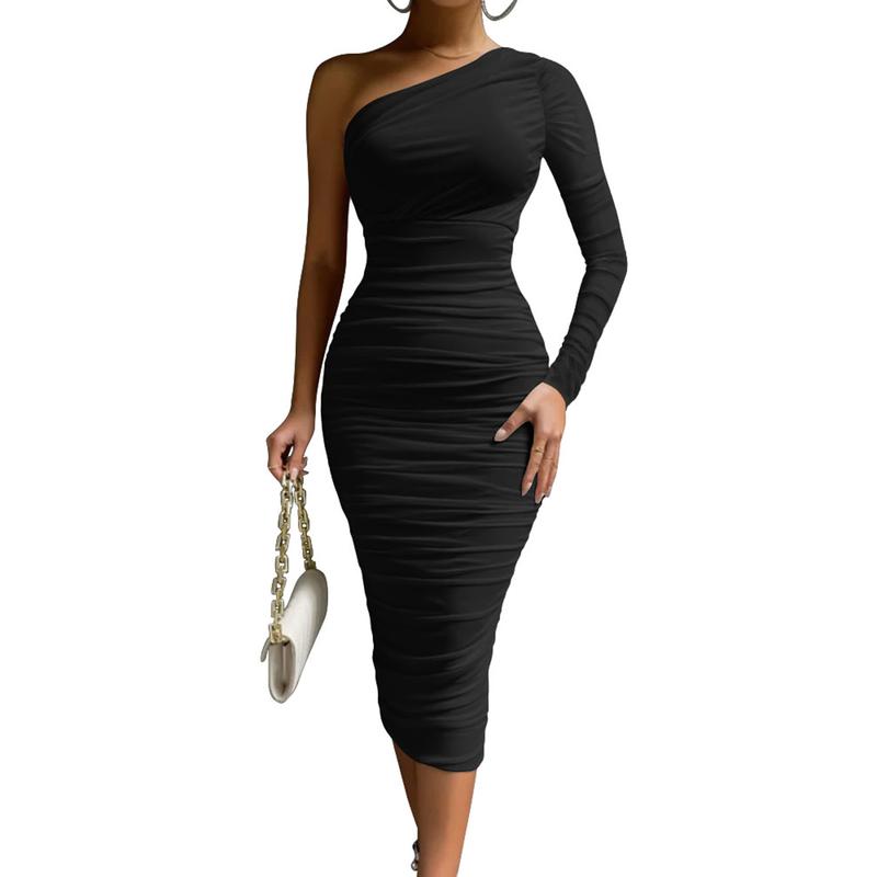 OYS Women's Elegant Bodycon One Shoulder Long Sleeve Ruched Midi Cocktail Party Dress