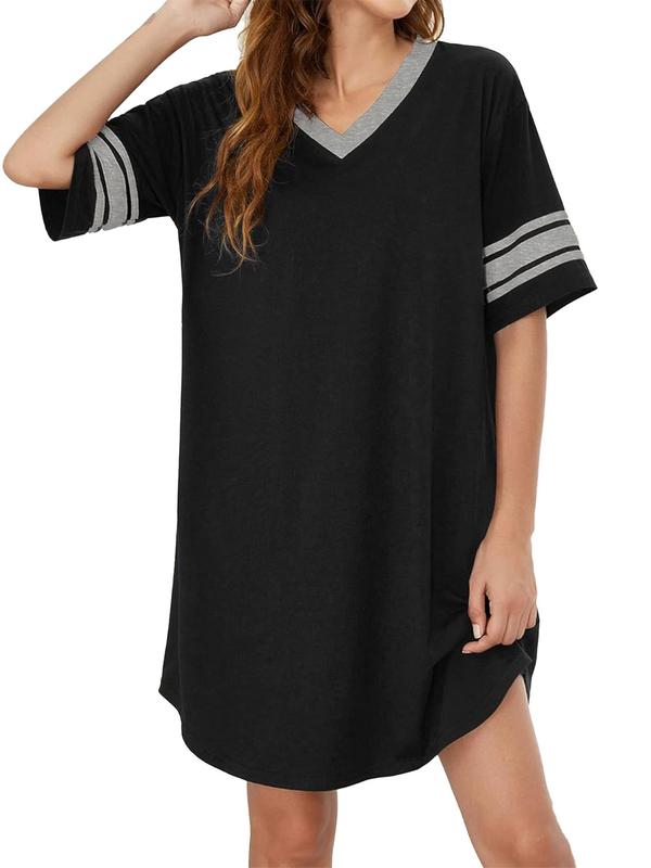 Women's Striped Print Drop Shoulder V Neck Nightdress, Casual Comfy Half Sleeve Nightgown for All Seasons, Ladies Sleepwear for Indoor Wear