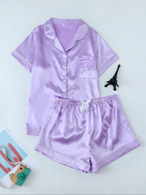 2 Counts Soft Satin Women's Basic Shortsleeve Pyjama Set, Lapel Button Front Shirt & Bow Decor Shorts Pajama Set, Lady Summer Lounge Set, Minimalist Womenswear Basic Comfort Loungewear, Back To School Wear, Please Purchase A Size Up