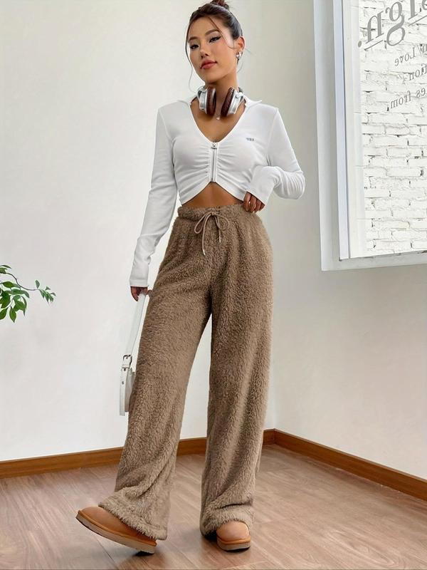 Women's Solid Color Drawstring Waist Wide Leg Pants, Casual Comfy Fuzzy Trousers for Fall & Winter, Women's Bottoms for Daily Wear