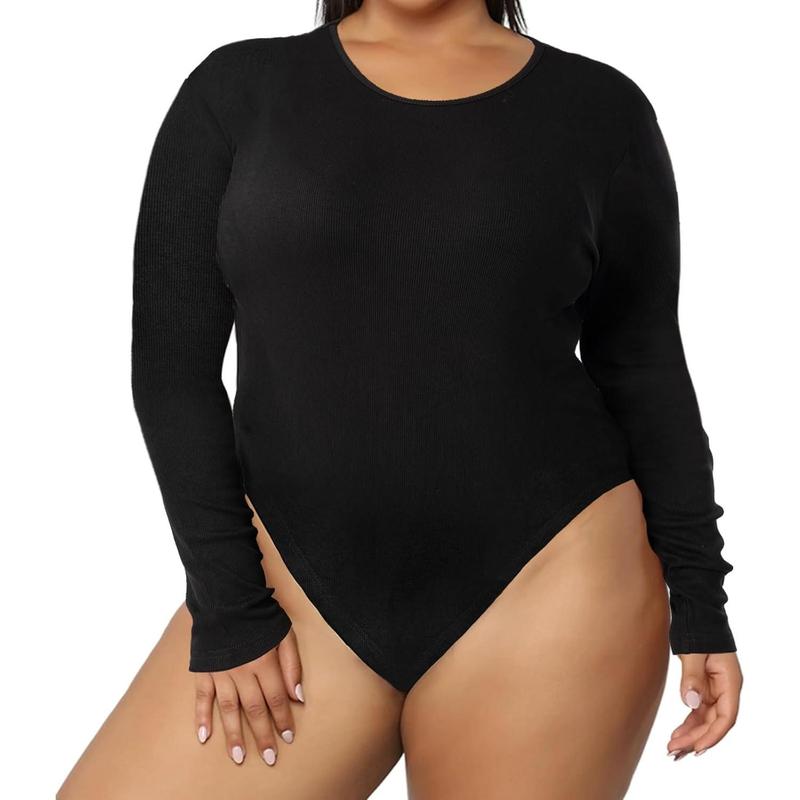 Plus size women's long sleeve bodysuit crew neck bodysuit tops for curly women