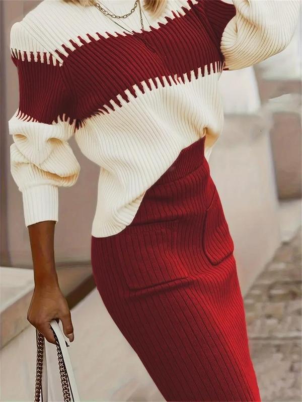 Women's Colorblock Bishop Sleeve Mock Neck Sweater & High Waist Skirt Set, Casual Long Sleeve Jumper & Pocket Split Hem Skirt Set for Fall & Winter, Going Out Outfits, Girl Clothes, High Skirt Outfit