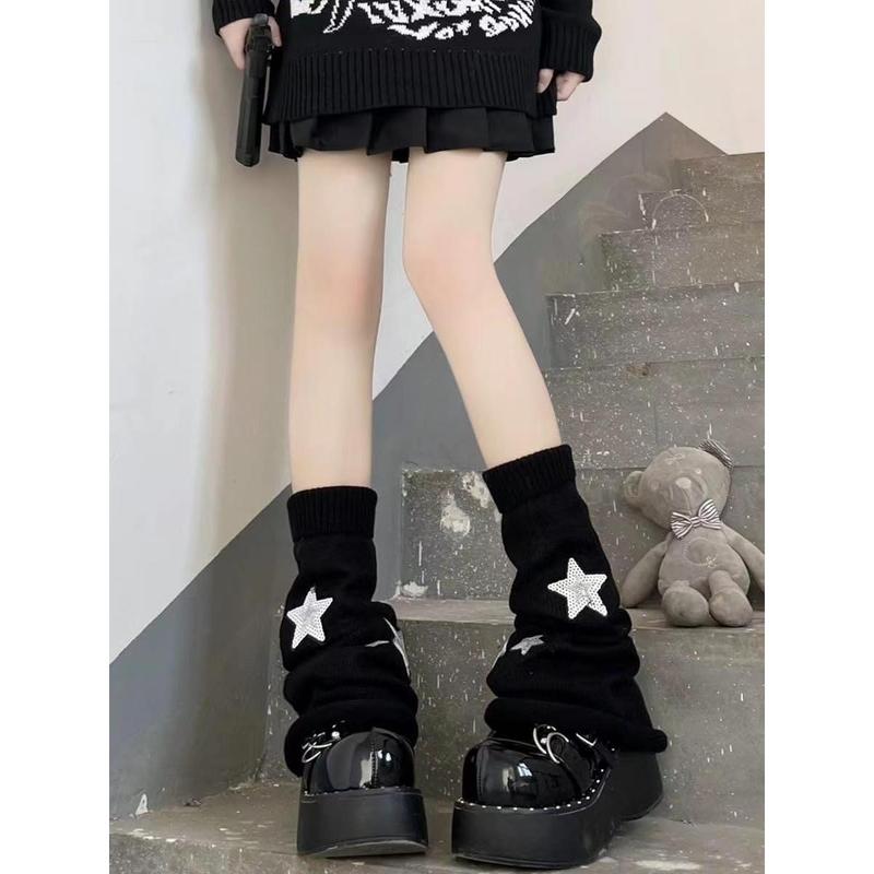 Y2k Star Pattern Knitted Leg Warmers Socks Punk Japanese Kawaii Streetwear Leg Cover for Women Knee High Leg Socks