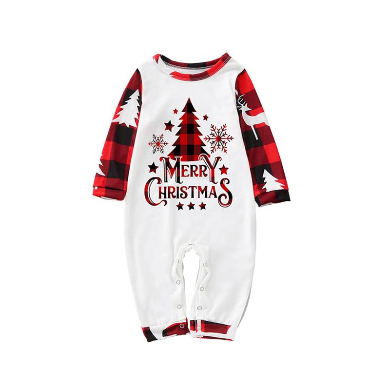 Matching Christmas Pajamas For Family, Long Sleeve Round Neck Tree Print Tops+ Trousers Suit  Infants Romper