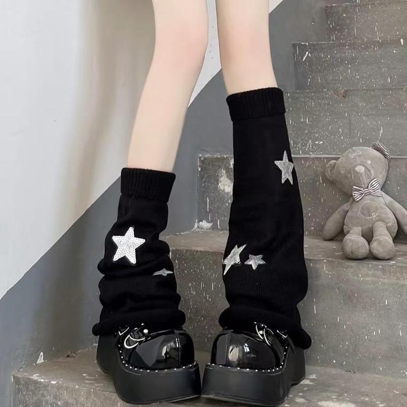 Y2k Star Pattern Knitted Leg Warmers Socks Punk Japanese Kawaii Streetwear Leg Cover for Women Knee High Leg Socks