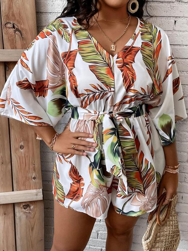 Plus Size All Over Leaf Print Belted Tie Front Romper, Vacation Clothes, Casual V Neck Batwing Sleeve Romper for Beach Vacation Holiday, Women's Clothes for Summer