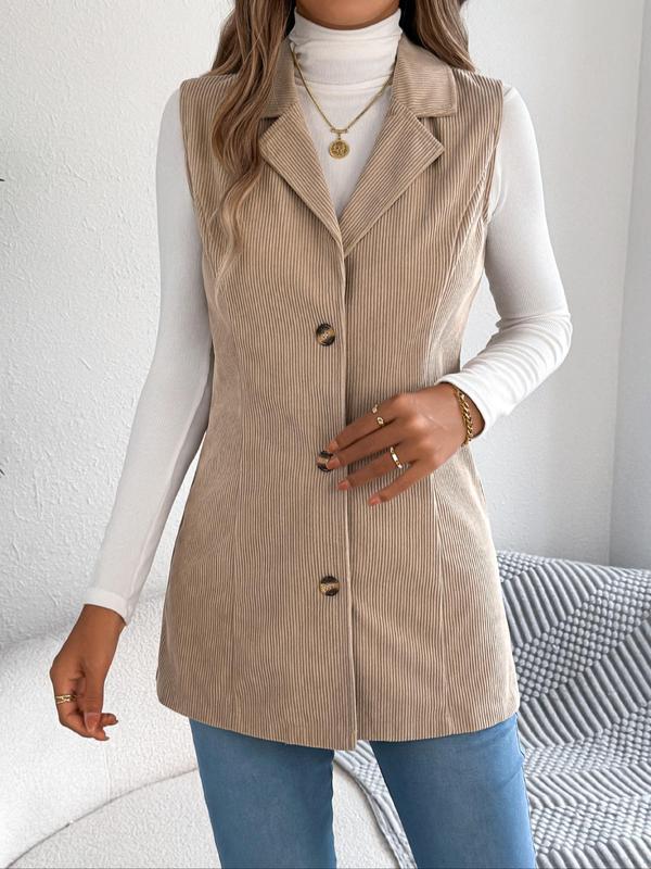 Women's Solid Button Front Corduroy Vest Coat, Casual Lapel Neckline Sleeveless Outerwear for Fall & Winter, Ladies Clothes for Daily Wear