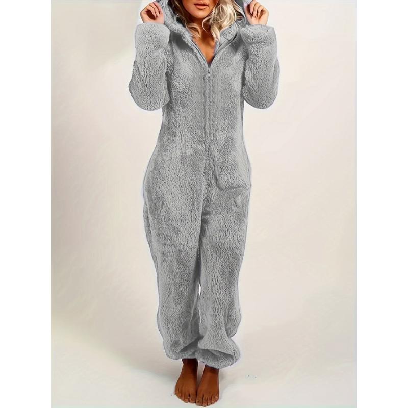 Women's Plush Fleece Pajama Jumpsuit - Hooded, Zip-Up, Easy-Care, Solid Color, Casual Lounge Onesie for Fall Winter