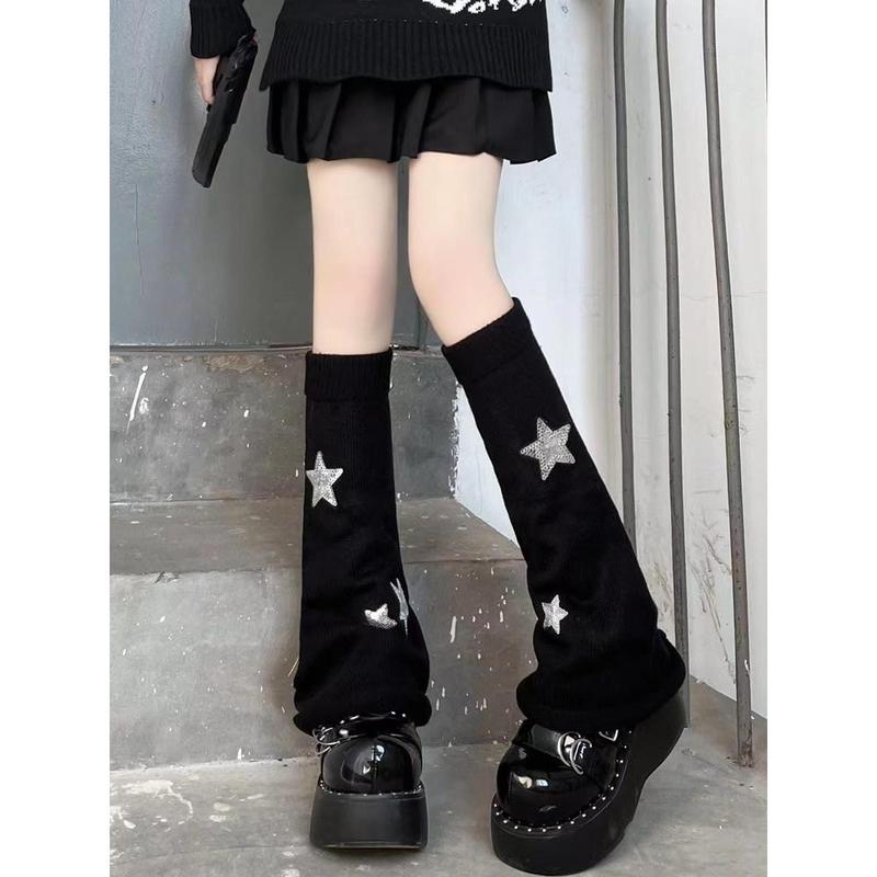 Y2k Star Pattern Knitted Leg Warmers Socks Punk Japanese Kawaii Streetwear Leg Cover for Women Knee High Leg Socks