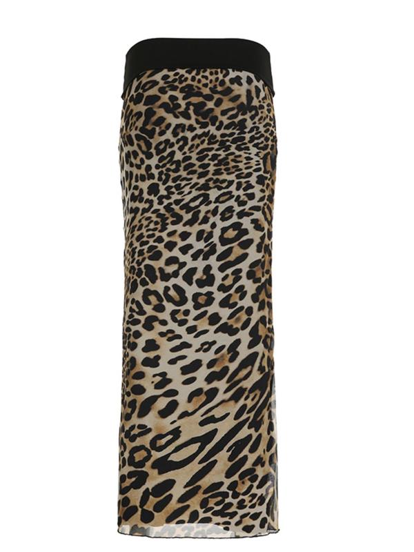 Women's 1 Count Reversible Solid leopard Print Split Hem Bodycon Skirt, Street Fashion Casual Bodycon Long Skirt for Daily Wear Party Holiday, Ladies Bottoms for All Seasons, Vintage Clothing, Fall Outfits, Fallfreshness