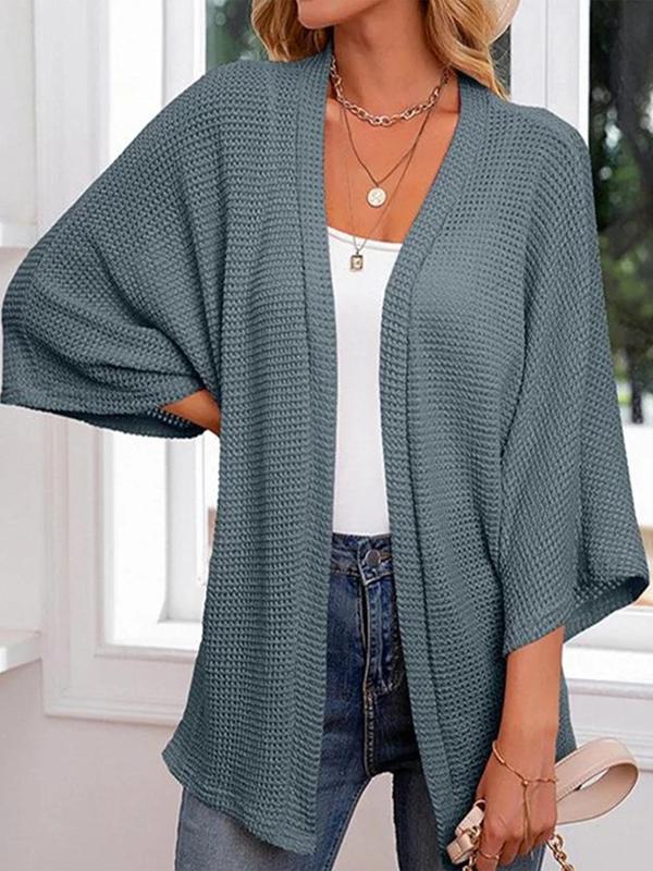  Solid Textured Batwing Sleeve Open Front Cardigan, Casual 3 4 Sleeve Outerwear for Daily Wear, Women's Clothing for All Seasons