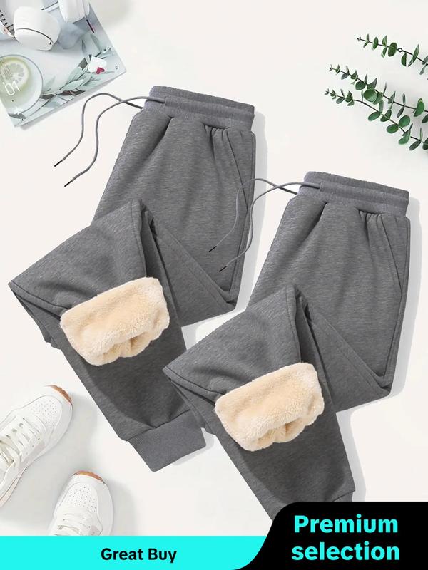 Women's Solid Drawstring Waist Thermal Lined Sweatpants, Casual Pocket Design Jogger Pants for Fall & Winter, Women's Trousers for Daily Wear