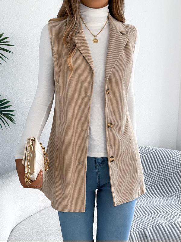 Women's Solid Button Front Corduroy Vest Coat, Casual Lapel Neckline Sleeveless Outerwear for Fall & Winter, Ladies Clothes for Daily Wear