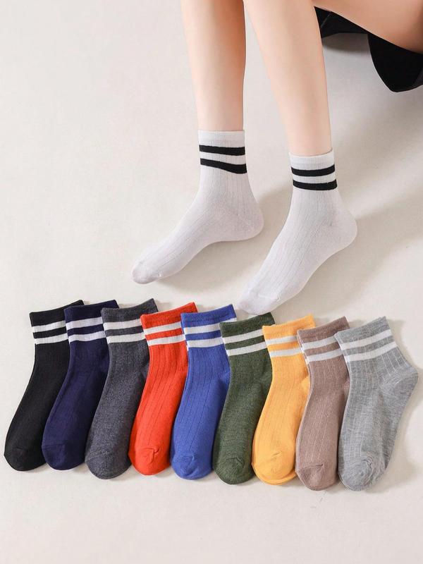 Women's 10 Pairs Striped Print Crew Socks, Casual Comfy Breathable Mid-calf Socks for Daily Outdoor Wear, Women Socks for All Seasons