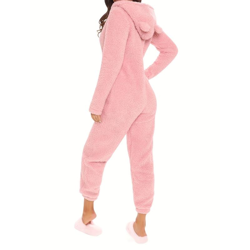 Women's Plush Fleece Pajama Jumpsuit - Hooded, Zip-Up, Easy-Care, Solid Color, Casual Lounge Onesie for Fall Winter