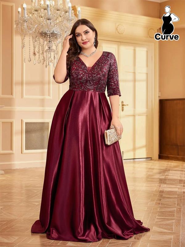  Contrast Sequin Deep V Neck Satin Party Dress, Elegant Half Sleeve A Line Dress for Wedding Guest, Elegant Formal Dresses, Women's Clothes for All Seasons