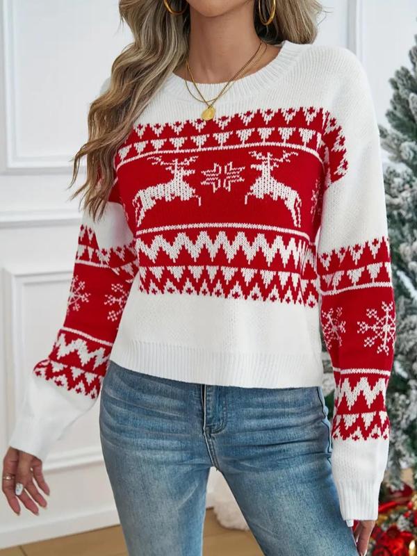 Women's Christmas Print Drop Shoulder Sweater Pullover, Casual Long Sleeve Round Neck Jumper for Daily Holiday Vacation Wear, Ladies Knitwear for Fall & Winter