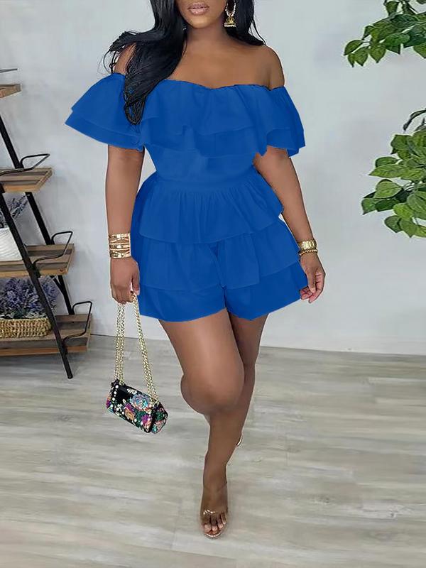 Women's Plain Tiered Layer Ruffle Off Shoulder Romper, Back To School Casual Shirred Waist Romper for Summer, Women's Clothes for Daily Wear, Summer Outfits 2024