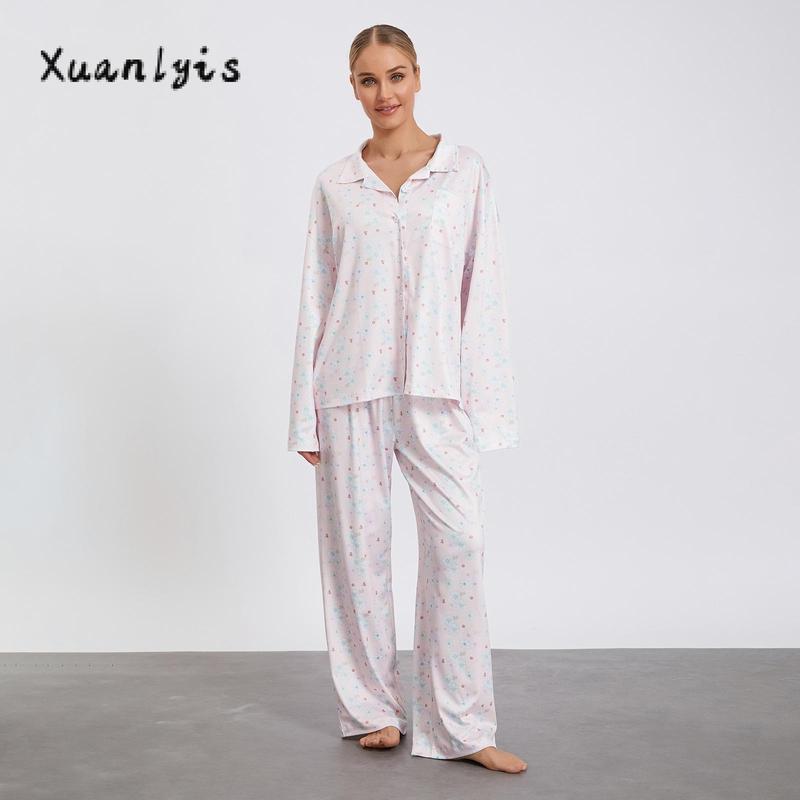 Women Pajamas Lounge Set Strawberry Print Turn-Down Collar Long Sleeve Shirts Tops and Pants 2 Piece Loungewear Outfits Nightwear Womenswear Check Light