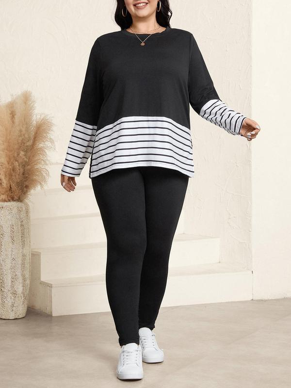 CURVZY Plus Size Two-Piece Set Striped Patchwork Print Split Hem Sweatshirt & Skinny Pants, Casual Round Neck Long Sleeve Pullover & Trousers for Daily Wear, Women's Two-piece Outfits for Spring & Fall