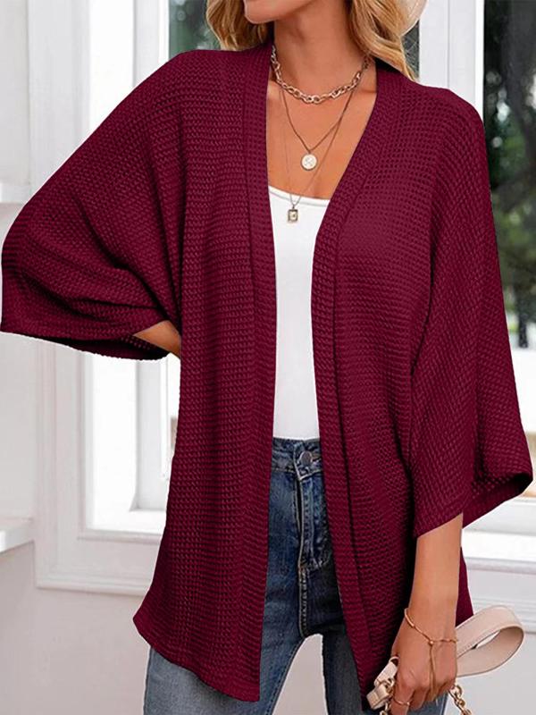  Solid Textured Batwing Sleeve Open Front Cardigan, Casual 3 4 Sleeve Outerwear for Daily Wear, Women's Clothing for All Seasons