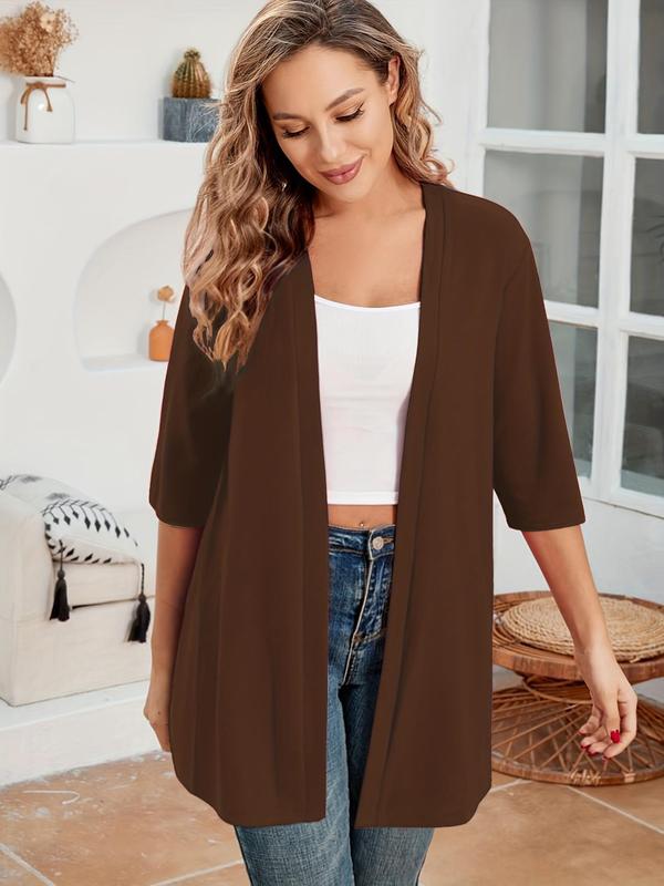 Plus Size Women's Solid Color Drop Shoulder Open Front Cardigan, Plus Casual Fashionable Half Sleeve Outerwear for Daily Outdoor Wear, Women Plus Clothing for All Seasons, Plus Size Women's Clothing