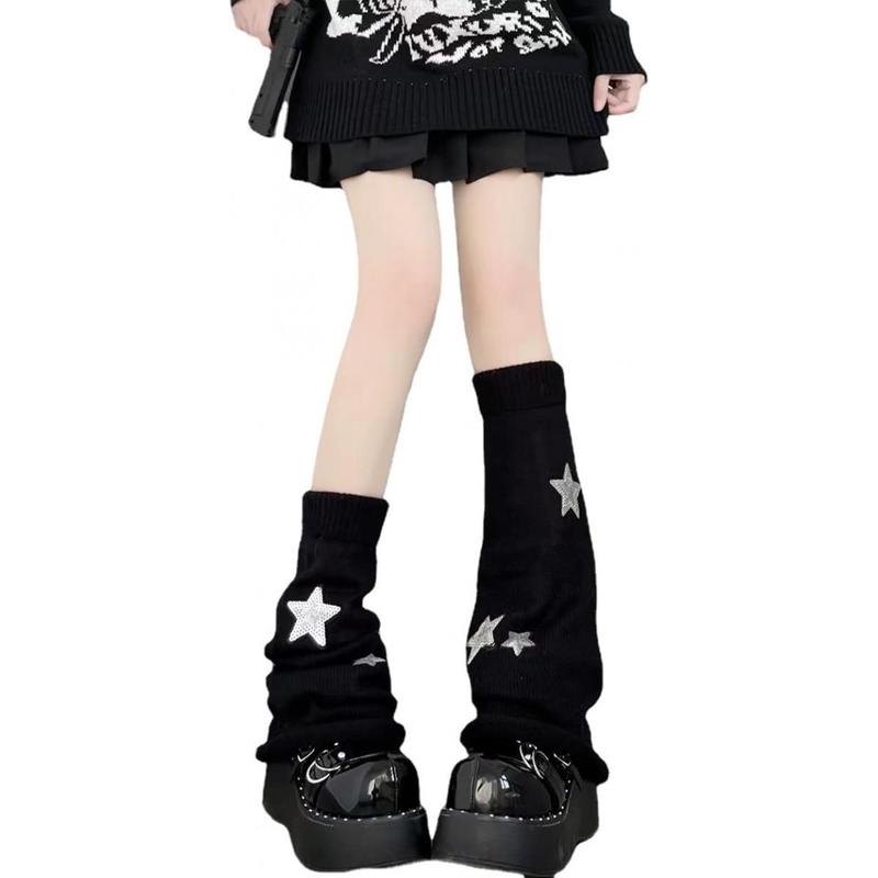 Y2k Star Pattern Knitted Leg Warmers Socks Punk Japanese Kawaii Streetwear Leg Cover for Women Knee High Leg Socks