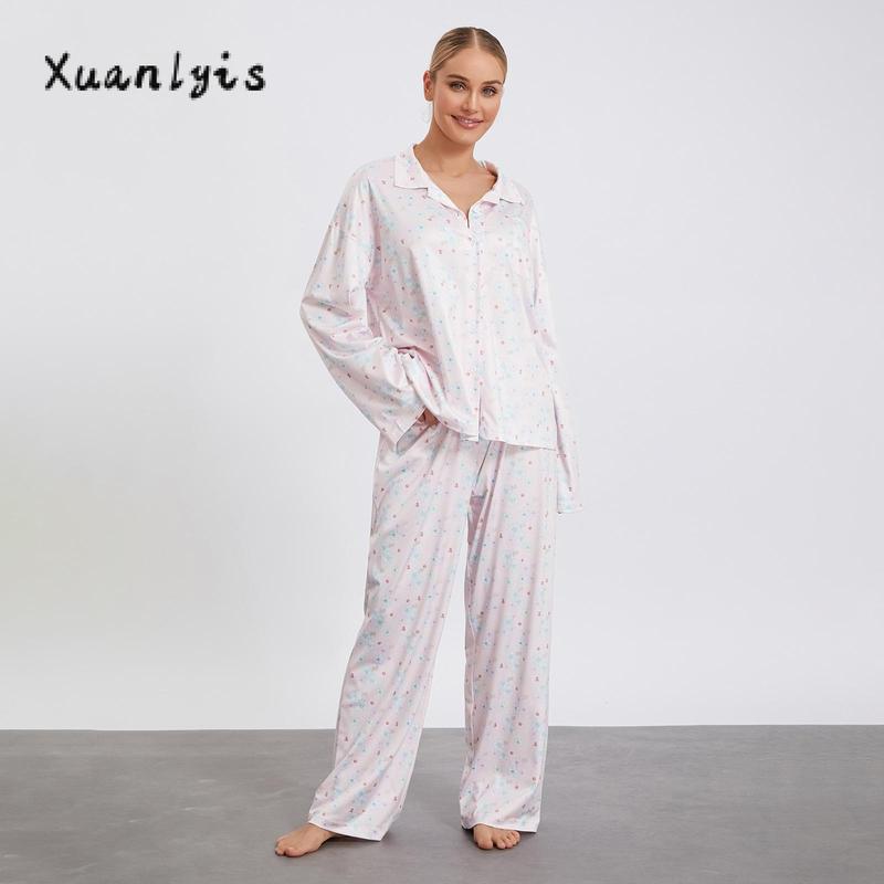 Women Pajamas Lounge Set Strawberry Print Turn-Down Collar Long Sleeve Shirts Tops and Pants 2 Piece Loungewear Outfits Nightwear Womenswear Check Light