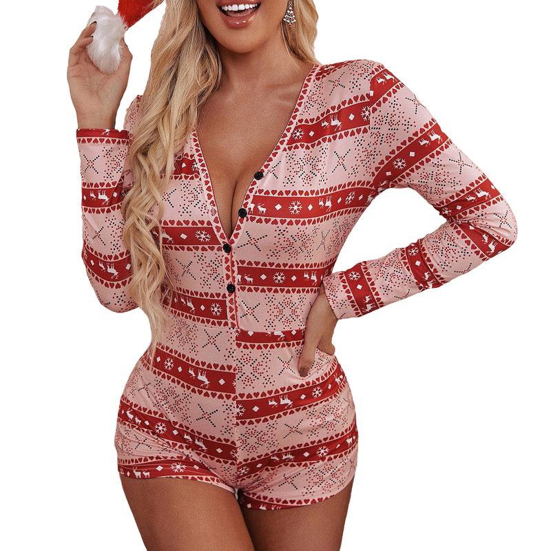 Women Christmas V-Neck Shorts Jumpsuit  Bodysuit Pajama Long Sleeve Bodycon Rompers Overall Xmas Playsuits Party Clubwear Women's Christmas Women's Christmas