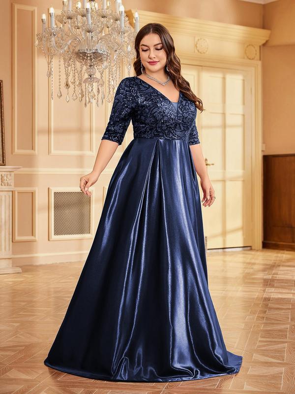  Contrast Sequin Deep V Neck Satin Party Dress, Elegant Half Sleeve A Line Dress for Wedding Guest, Elegant Formal Dresses, Women's Clothes for All Seasons