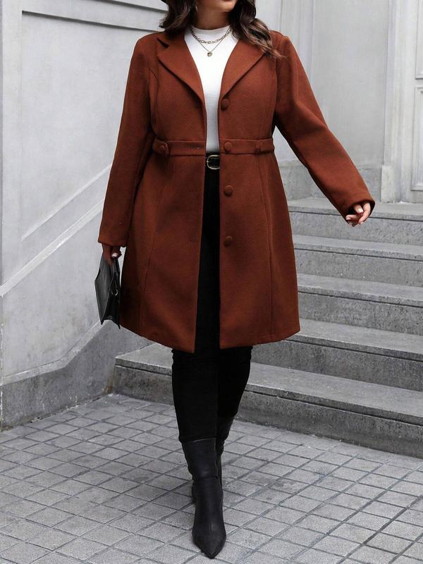 Women's Solid Button Front Lapel Neck Coat, Casual Long Sleeve Pocket Outerwear for Fall & Winter, Women's Clothing for Daily Wear