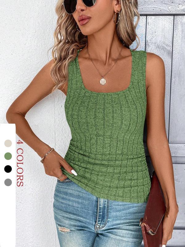 Women's Plain Square Neck Tank Top, Casual Ruched Sleeveless Top for Summer, Tops for Women, Ladies Clothes for Daily Wear