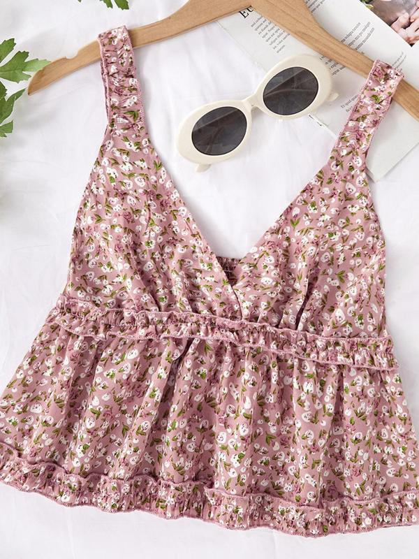 Women's Ditsy Floral Print Frill Trim Shirred Peplum Vintage Cami Top, Boho Fashion Deep V Neck To, Summer Outfits 2024, Ladies Clothes for Summer