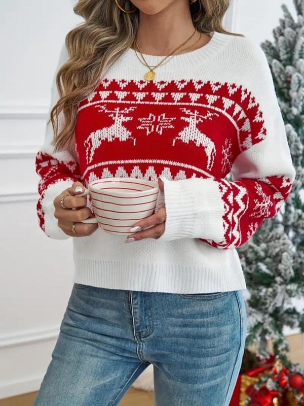 Women's Christmas Print Drop Shoulder Sweater Pullover, Casual Long Sleeve Round Neck Jumper for Daily Holiday Vacation Wear, Ladies Knitwear for Fall & Winter