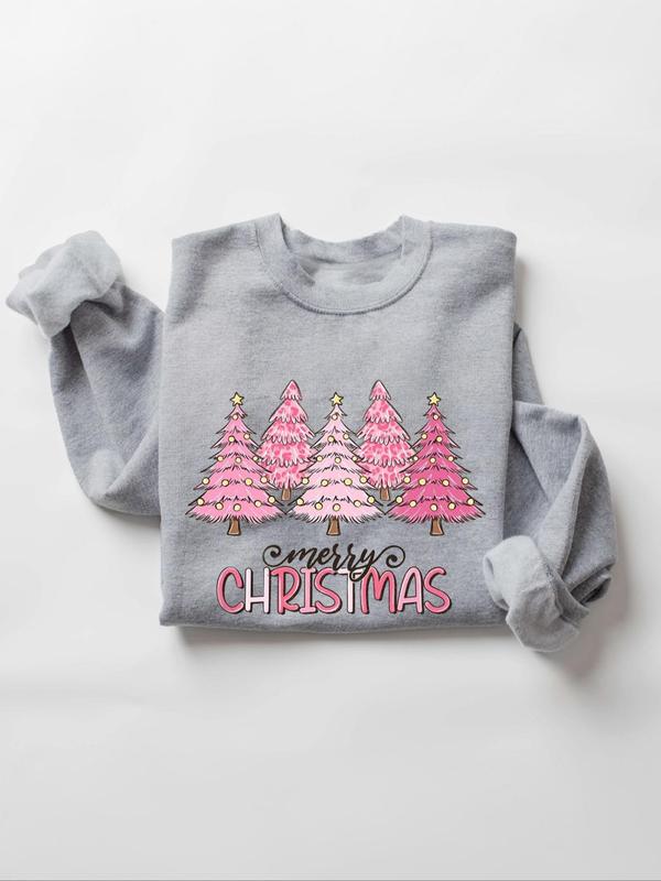 Women's Christmas Tree Print Crew Neck Thermal Lined Sweatshirt, Casual Drop Shoulder Long Sleeve Pullover, Women's Fall & Winter Clothes for Daily Wear