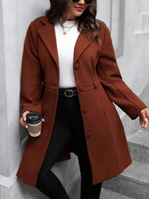 Women's Solid Button Front Lapel Neck Coat, Casual Long Sleeve Pocket Outerwear for Fall & Winter, Women's Clothing for Daily Wear