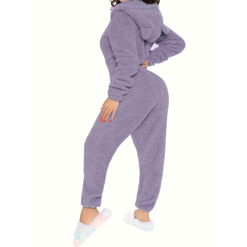 Women's Plush Fleece Pajama Jumpsuit - Hooded, Zip-Up, Easy-Care, Solid Color, Casual Lounge Onesie for Fall Winter