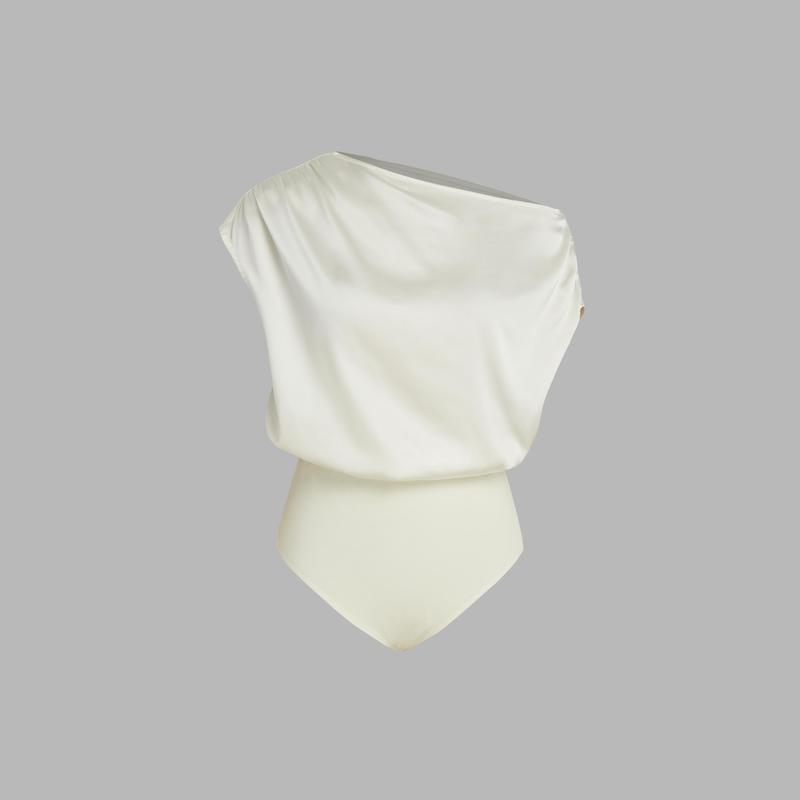 Cider [size 0-10] Satin Asymmetrical Neck Solid Ruched Bodysuit