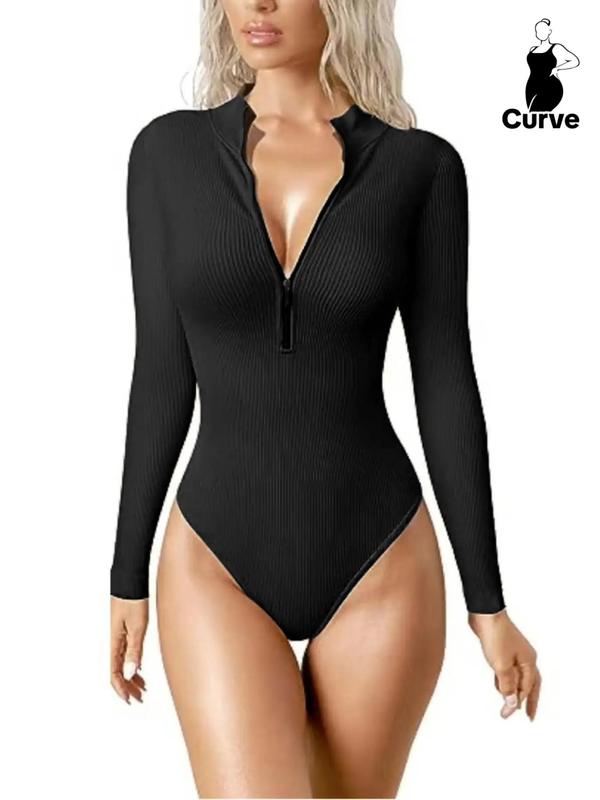  Solid Zip Up Mock Neck Bodysuit, Casual Long Sleeve Bodysuit for Daily Wear, Women's Clothing for All Seasons