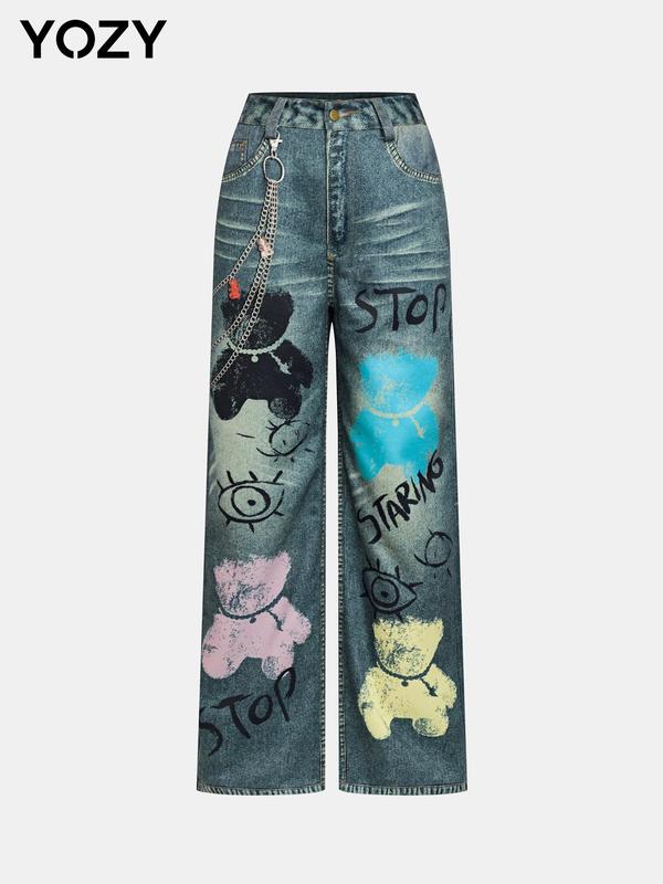 YOZY Women's Cartoon Print Straight Leg Pants, Fashion Casual Denim-Effect Print Trousers for Daily Wear, Ladies Bottoms for All Seasons