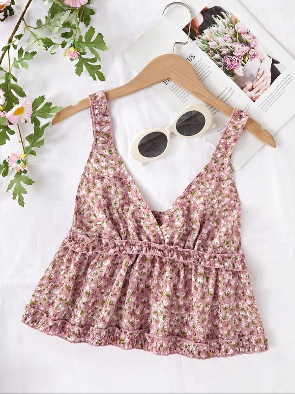 Women's Ditsy Floral Print Frill Trim Shirred Peplum Vintage Cami Top, Boho Fashion Deep V Neck To, Summer Outfits 2024, Ladies Clothes for Summer