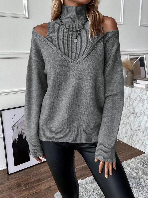 Women's Plain Cut Out High Neck Sweater, Casual Drop Shoulder Long Sleeve Jumper for Fall & Winter, Fashion Ladies' Knitwear for Daily Wear