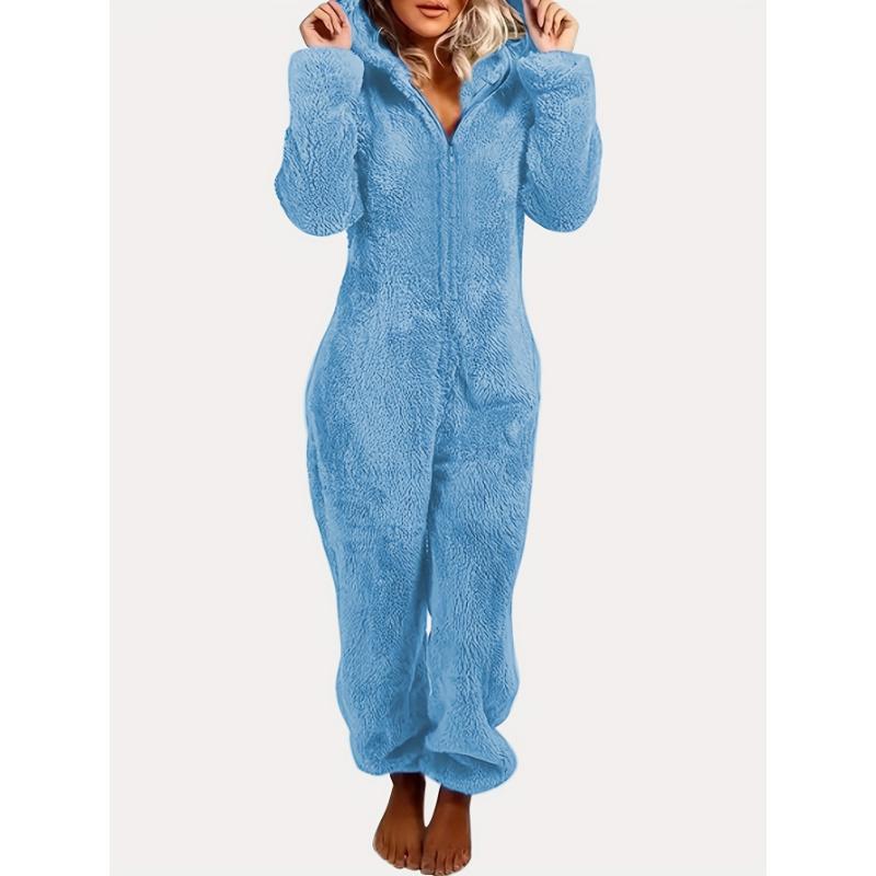 Women's Plush Fleece Pajama Jumpsuit - Hooded, Zip-Up, Easy-Care, Solid Color, Casual Lounge Onesie for Fall Winter