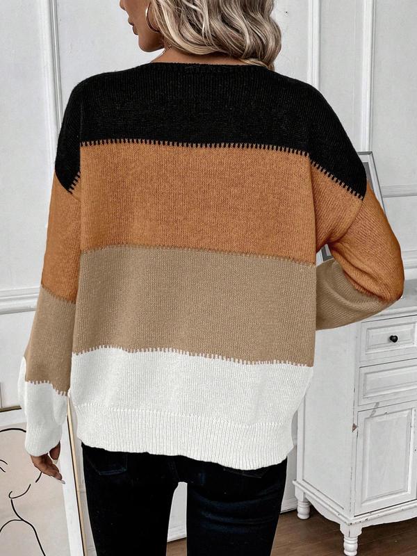 Women's Colorblock Striped Print Drop Shoulder Sweater, Casual Long Sleeve Round Neck Jumper for Daily Outdoor Wear, Ladies Knitwear for All Seasons