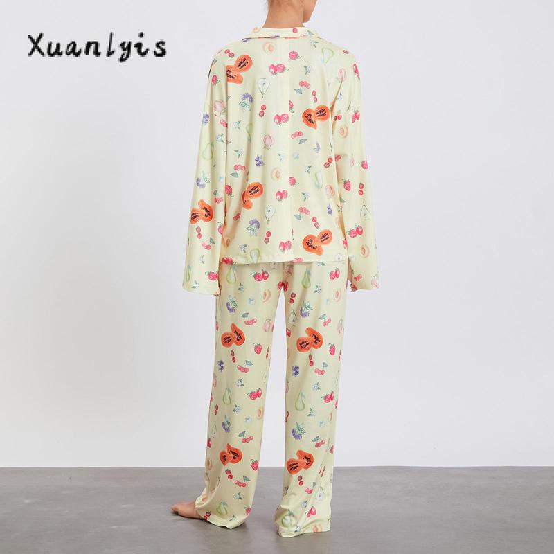 Women Pajamas Lounge Set Strawberry Print Turn-Down Collar Long Sleeve Shirts Tops and Pants 2 Piece Loungewear Outfits Nightwear Womenswear Check Light