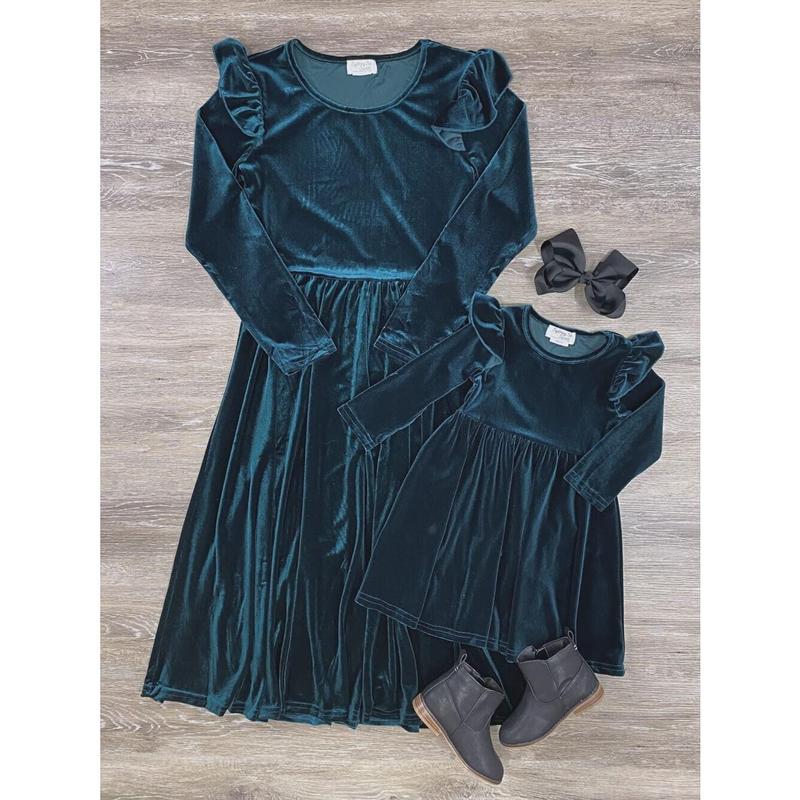 Mom and Me - Dark Green Velvet Ruffle Shoulder Dress