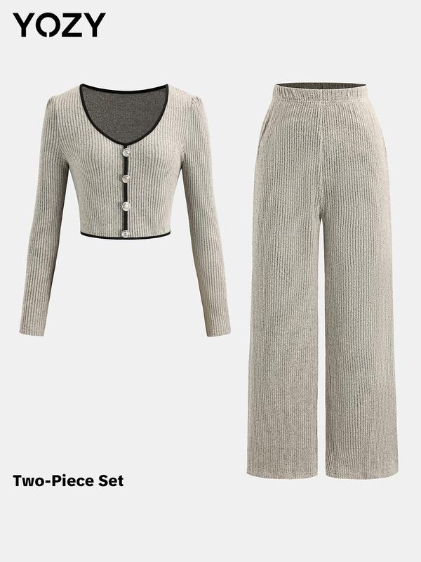 YOZY Women's Contrast Binding Button Front Top & Solid Wide Leg Pants Two-piece Set, Casual V Neck Long Sleeve Top & Elastic Waist Trousers Two Piece Set for Fall & Winter, Women's Clothes for Daily Wear